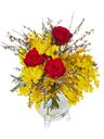 Bouquet di mimosa con rose rosse